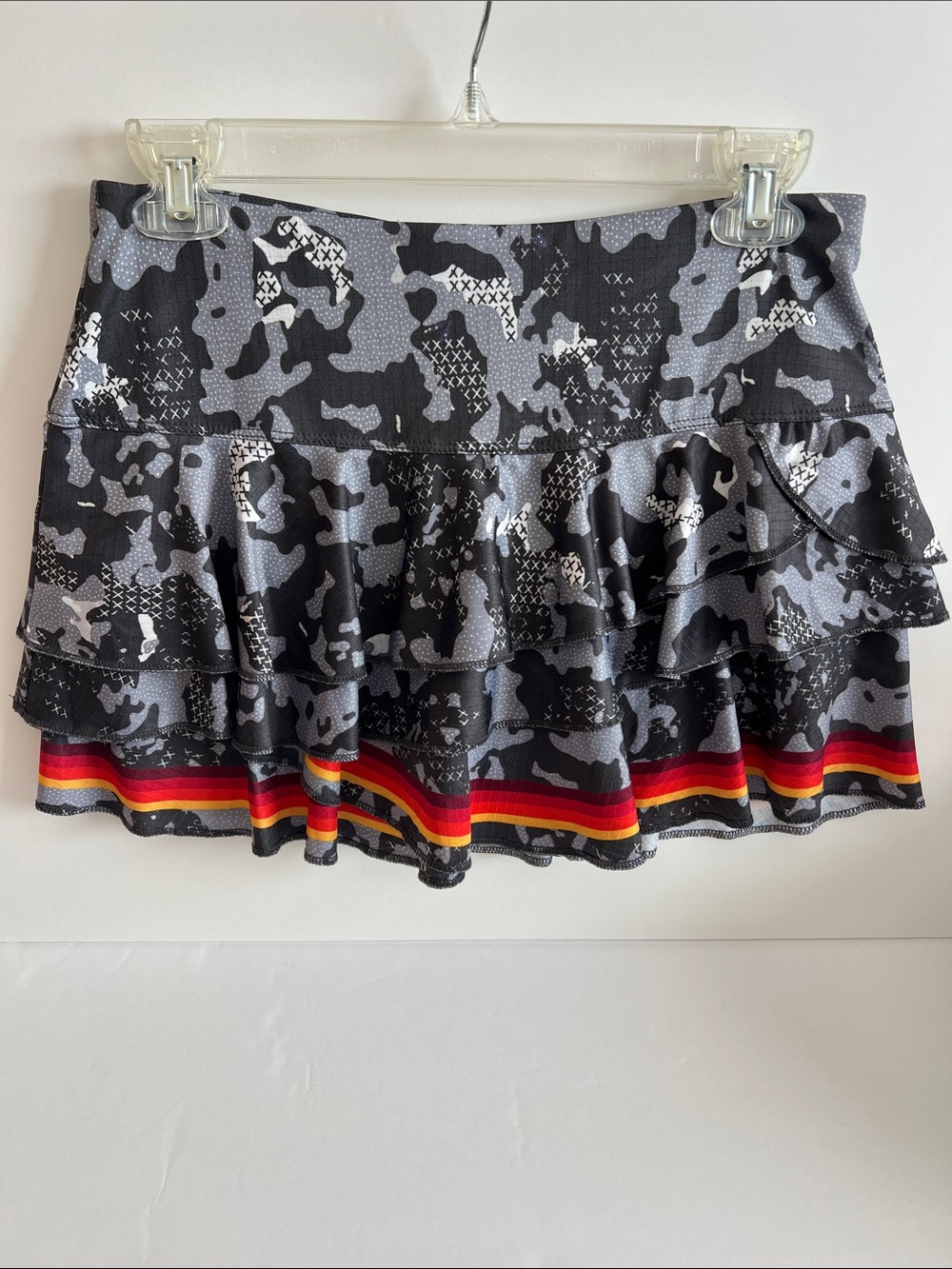 Lucky in Love Black & Gray Camo Ruffle Skirt with Red Orange Yellow Stripe